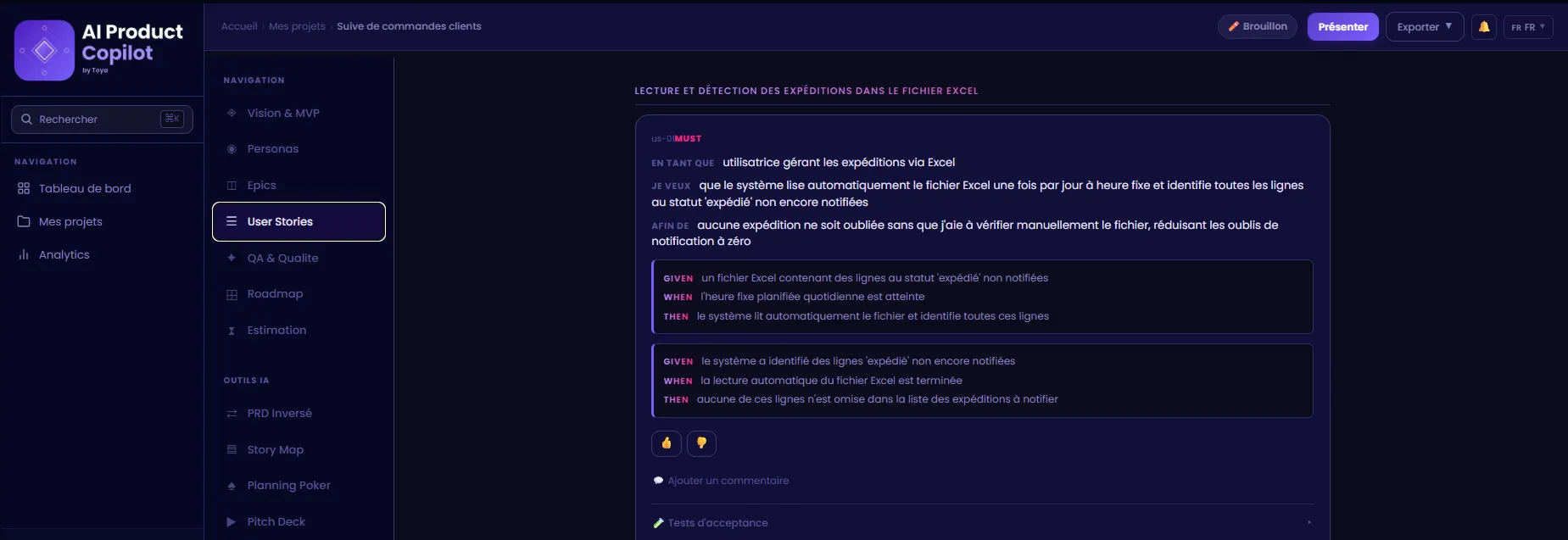 A user story in Gherkin format in AI Product Copilot